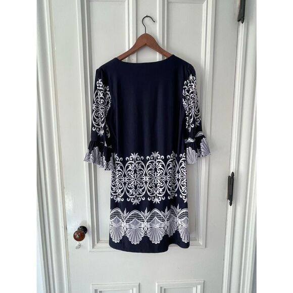 Reborn navy blue and white floral bell sleeve boho dress M - Picture 3 of 4